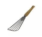 Long flexible stainless steel perforated spatula with waxed wooden handle