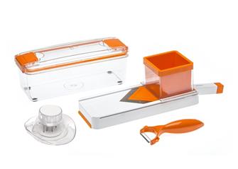 Household mandolin slicer with a tray