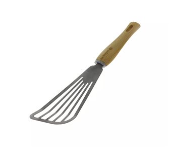 Long flexible stainless steel perforated spatula with waxed wooden handle