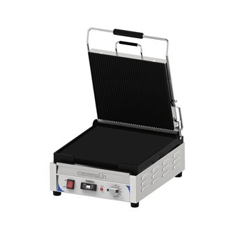 Smooth/grooved 36x36 cm large plate panini contact grill with timer and grease collector