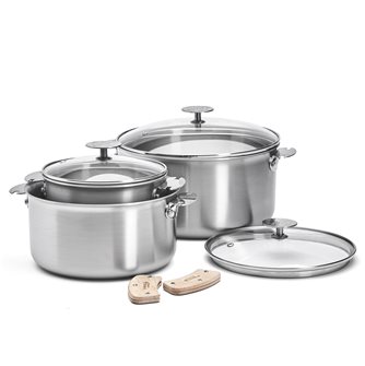 Set of 16, 20 and 24 cm stainless steel 3-layer induction casseroles with lids and removable handles made in France